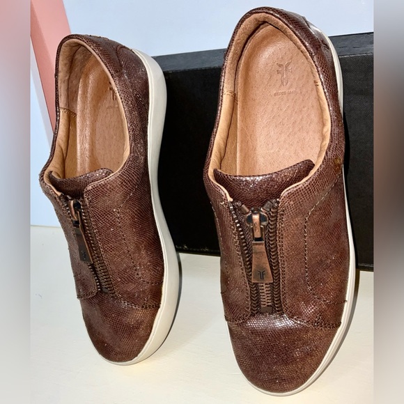 FRYE Lena Low Zip Multi Metallic Brown Leather Zip Sneakers 9M Worn 3 Times wBox - Picture 13 of 16